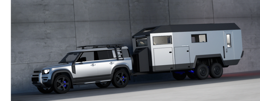 Seitenansicht EDGE Explorer Offroad-Trailer Seitliche Ansicht eines Landrovers mit EDGE Explorer Expeditions-Anhänger